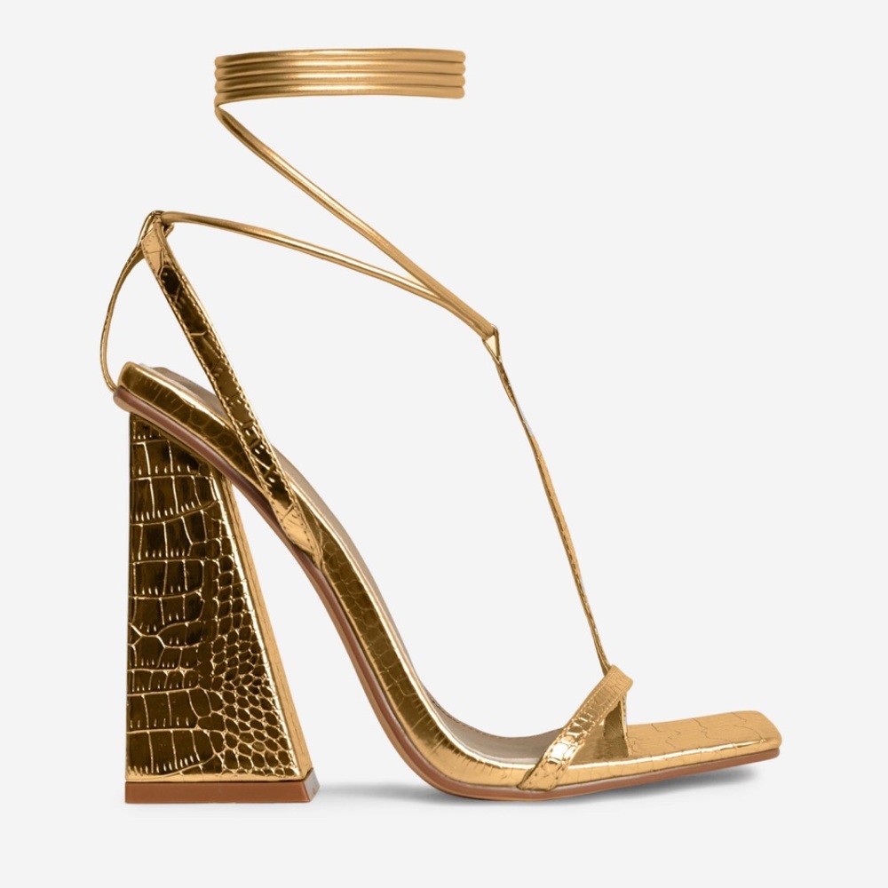 GOLD LACE UP T-BAR STRAPPY SQUARE TOE HEELS Heel Height: 4.5"